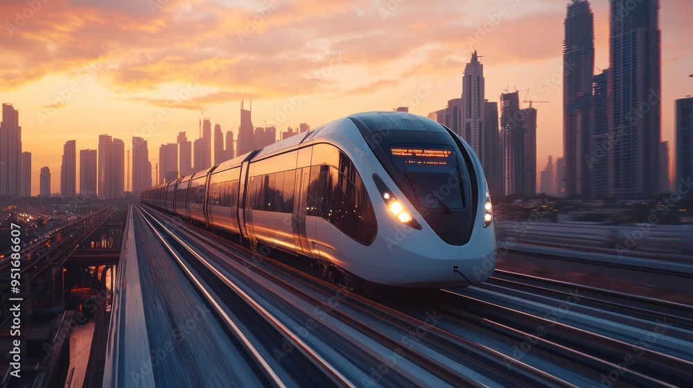 High-speed train passing through modern city High-speed train passing through modern city