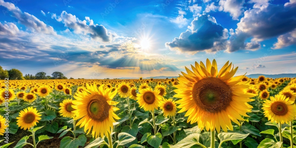 Fototapeta premium Vibrant sunflower field under a bright blue sky, showcasing nature's beauty and tranquility in a picturesque landscape