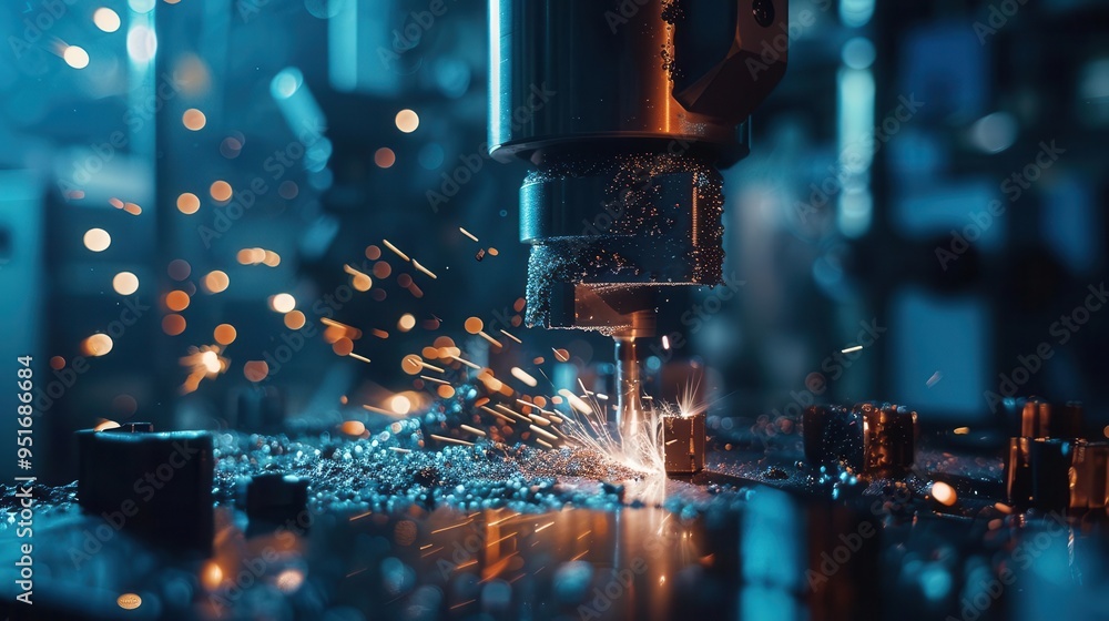 precision engineering closeup of intricate metal grinding sparks flying in a hightech workshop bathed in cool blue light precision engineering closeup of intricate metal grinding sparks flying in a hightech workshop bathed in cool blue light
