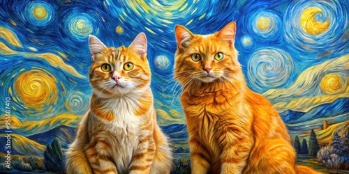 Ginger cat and orange cat posing in a Van Gogh inspired art setting, cats, pets, animals, ginger cat, orange cat photo