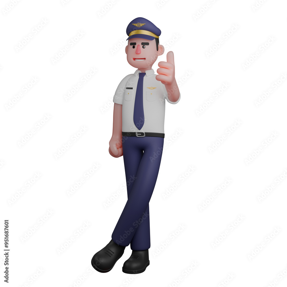 Aviation Service Provider 3D. A pilot is standing with his legs crossed while his left hand is giving a thumbs up. Male Pilot Cartoon Aviation Service Provider 3D. A pilot is standing with his legs crossed while his left hand is giving a thumbs up. Male Pilot Cartoon