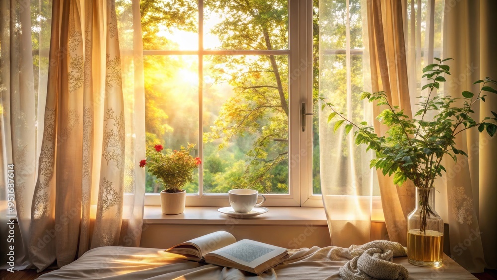 A cozy and serene morning scene with soft sunlight streaming through the curtains , Morning, magic, sunrise, peaceful A cozy and serene morning scene with soft sunlight streaming through the curtains , Morning, magic, sunrise, peaceful