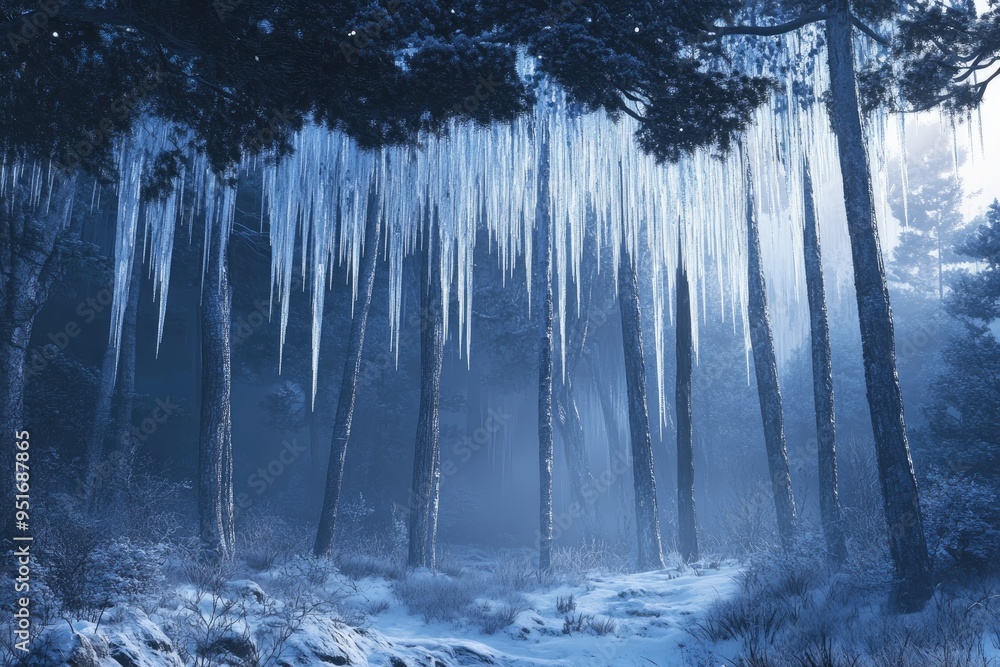 winter forest with icicles hanging on frozen trees winter forest with icicles hanging on frozen trees