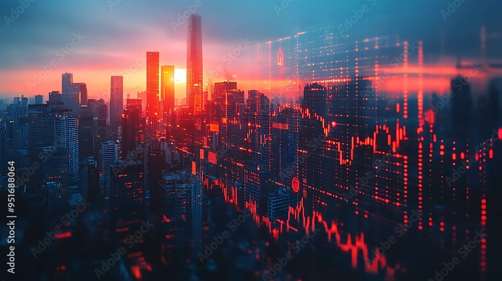 A cityscape at sunset features red light trails and a data overlay, combining the movement of urban life with technological progress. A cityscape at sunset features red light trails and a data overlay, combining the movement of urban life with technological progress.