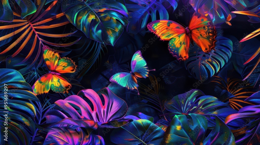 psychedelic jungle dreamscape vibrant neon monstera leaves morphing into fractal patterns iridescent butterflies fluttering through surreal foliage