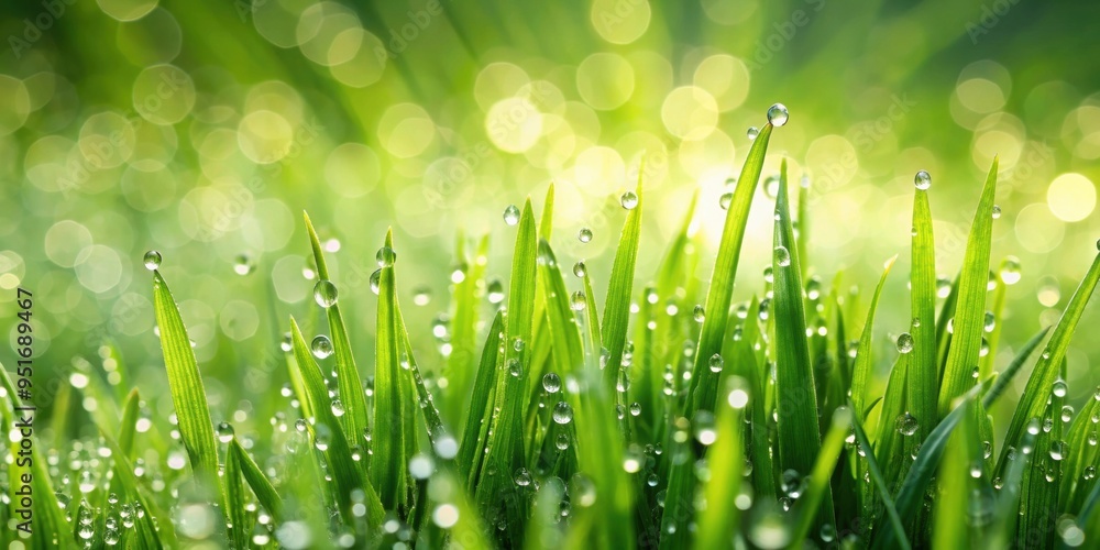 Fototapeta premium Green spiky grass glistening with raindrops , nature, green, grass, spikes, rain, drops, water, wet, outdoors, fresh