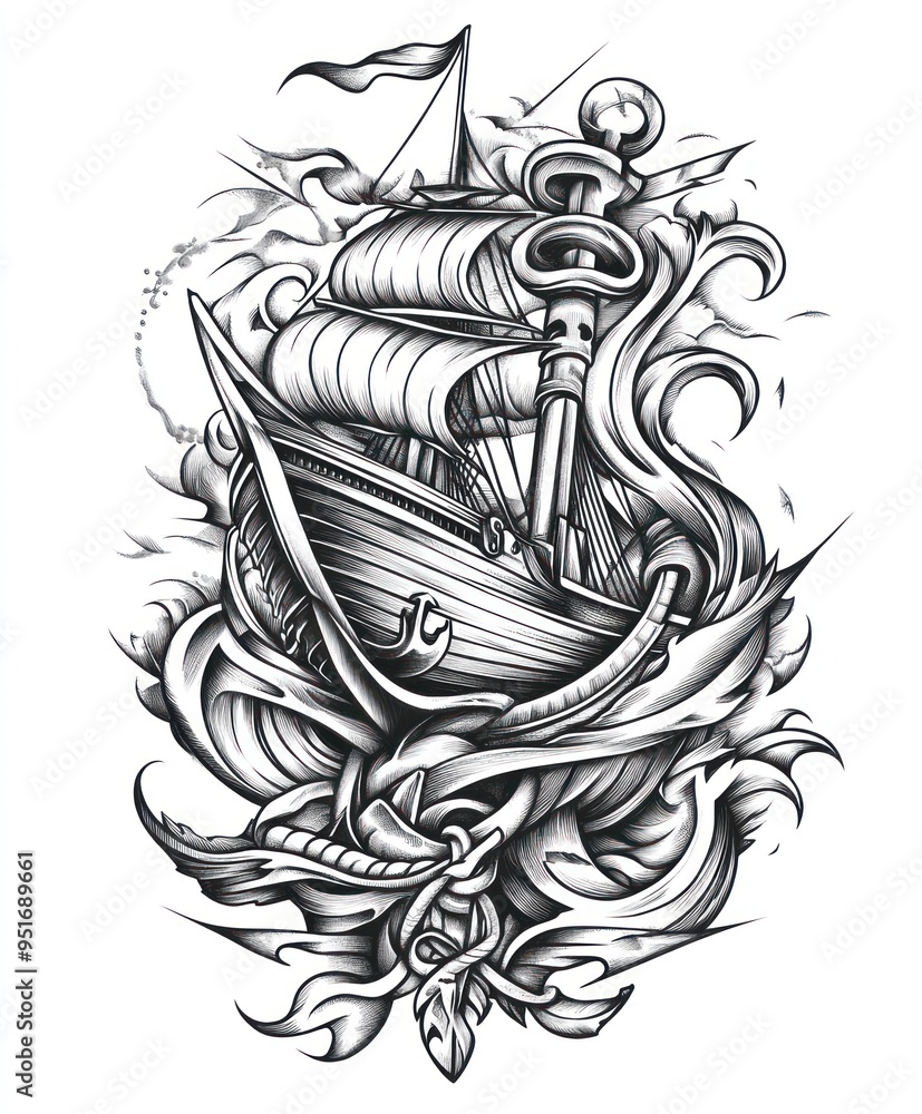 A detailed black and white tattoo design featuring a ship entwined with waves and an anchor. A detailed black and white tattoo design featuring a ship entwined with waves and an anchor.