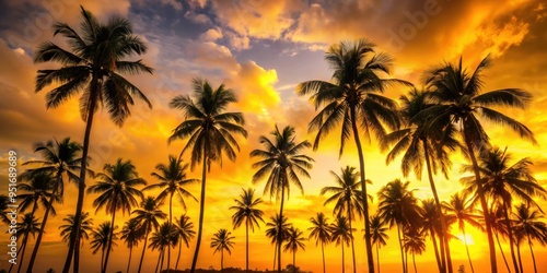 Coconut palm trees silhouetted against a vibrant yellow evening sky, tropical, sunset, palm trees, coconut, evening, sky