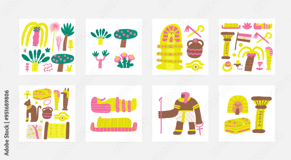 Naklejka premium Cute ancient Egypt composition, postcards with funny hand drawn doodle totem cat, map, ra eye, chest, god figures, papyrus, plants. Old civilization, desert nature print, cover, template, banner