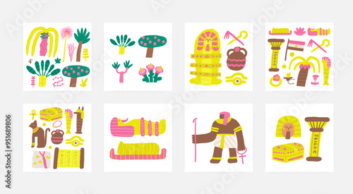 Cute ancient Egypt composition, postcards with funny hand drawn doodle totem cat, map, ra eye, chest, god figures, papyrus, plants. Old civilization, desert nature print, cover, template, banner