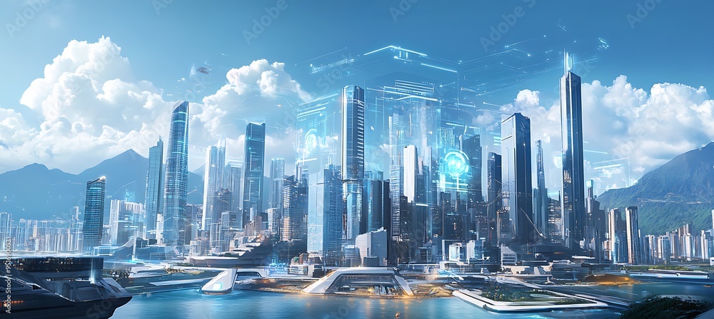 Fototapeta premium A futuristic world featuring AI-driven smart grids and radiant holograms. 
