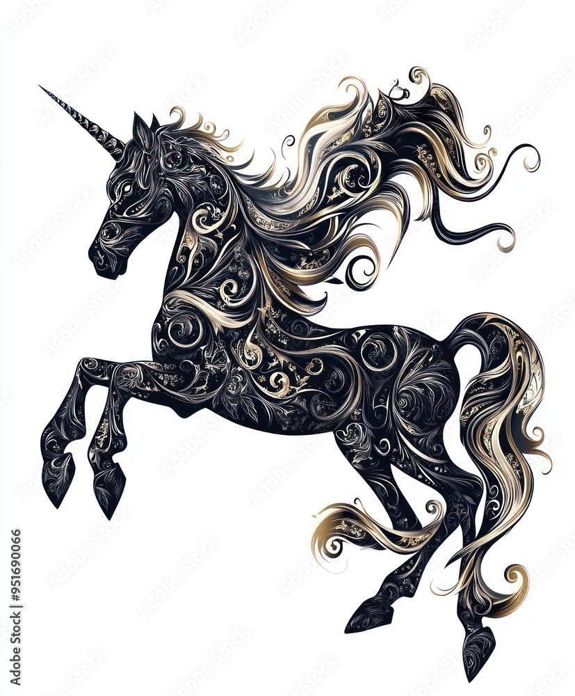 A stylized black unicorn with ornate golden mane and intricate designs. A stylized black unicorn with ornate golden mane and intricate designs.