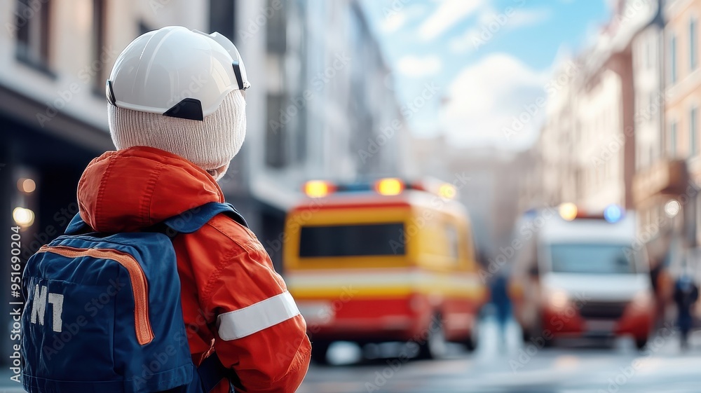 Fototapeta premium Kid witnessing a rescue unit in action, observing from a safe distance as first responders perform their duties with various rescue equipment and vehicles.