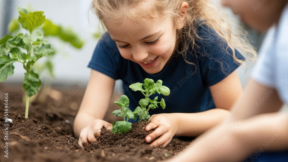 Kid helping in a school garden project, planting and nurturing vegetables with classmates, demonstrating enthusiasm and teamwork in a hands-on learning environment. Kid helping in a school garden project, planting and nurturing vegetables with classmates, demonstrating enthusiasm and teamwork in a hands-on learning environment.