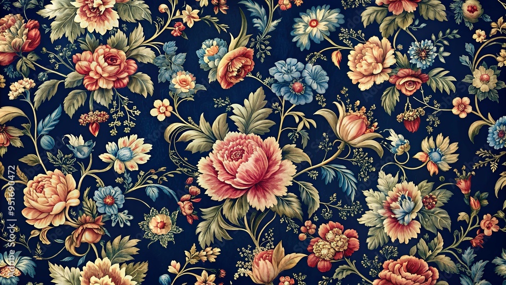 Rich navy chintz with ornate floral pattern for Victorian glamour