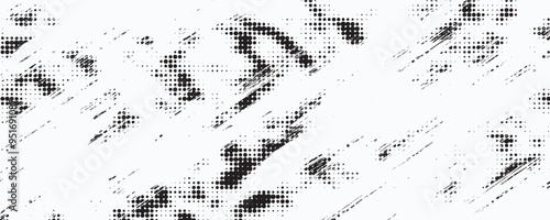 Grunge halftone gradient background. Faded grit noise texture. White and black sand wallpaper. Retro pixelated backdrop. Anime or manga style comic