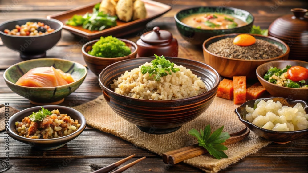 Healthy Japanese cuisine featuring delicious brown rice and traditional dishes Healthy Japanese cuisine featuring delicious brown rice and traditional dishes