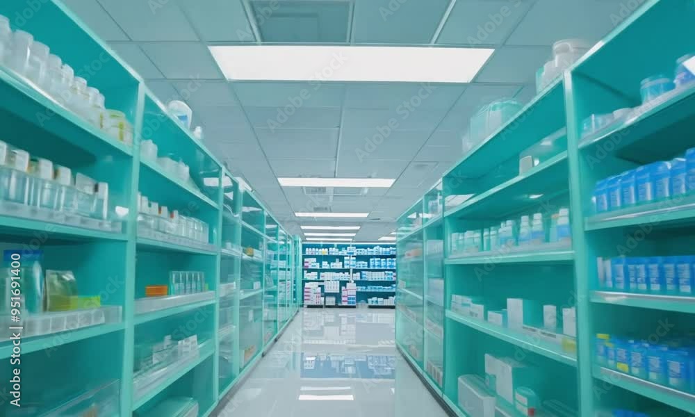 Pharmacy shelves filled with various medical products and supplies in a clean, well-lit environment. Pharmacy shelves filled with various medical products and supplies in a clean, well-lit environment.