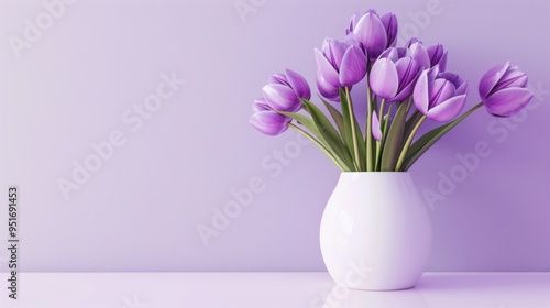 Purple Tulips in White Vase on Lavender Background