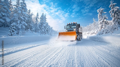 Snow plow clearing a snowy road in a winter landscape with trees