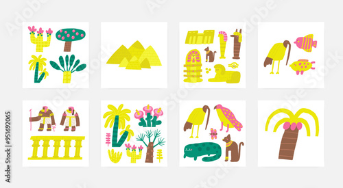 Cute ancient Egypt composition, postcards with funny hand drawn doodle palm, tree, sarcophagus, pharaoh, ibis, sphinx, king, queen, fish. Old civilization, desert nature t shirt print, cover, template