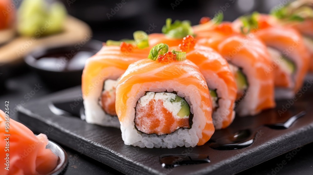 Gourmet salmon sushi rolls served on a black plate with garnishes, ready for a fine dining experience. Gourmet salmon sushi rolls served on a black plate with garnishes, ready for a fine dining experience.