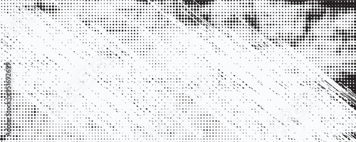 Grunge halftone gradient background. Faded grit noise texture. White and black sand wallpaper. Retro pixelated backdrop. Anime or manga style comic