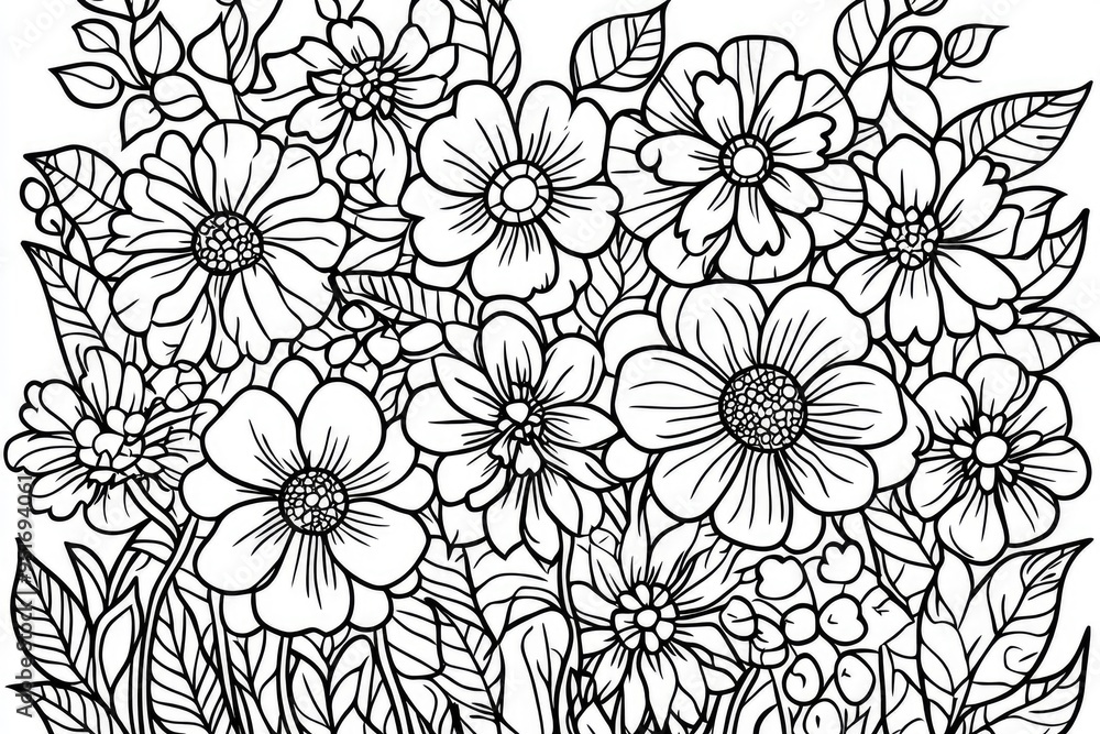 Fototapeta premium Elegant floral composition blooming with delicate beauty. Coloring pages for adults