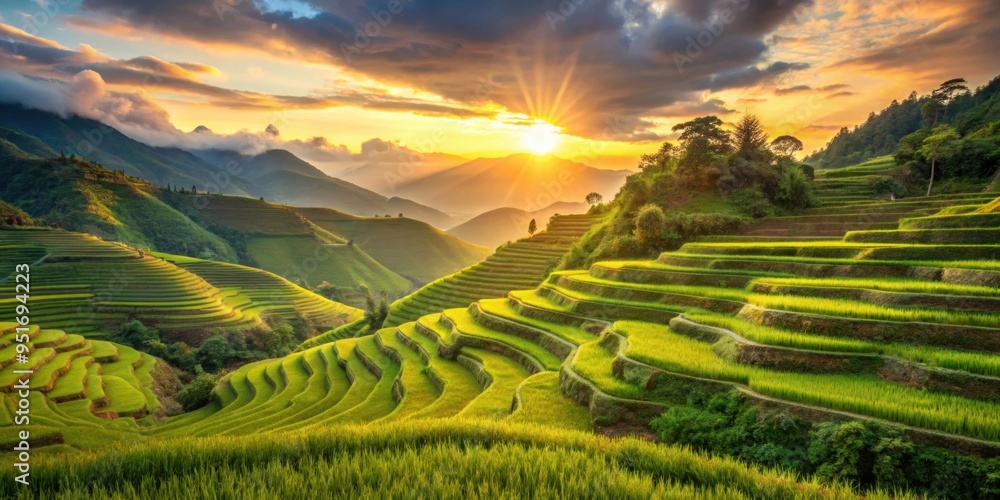 Fototapeta premium Sunrise over lush rice terraces in Philippine Cordilleras, with radiant greens and golden hues, sunrise