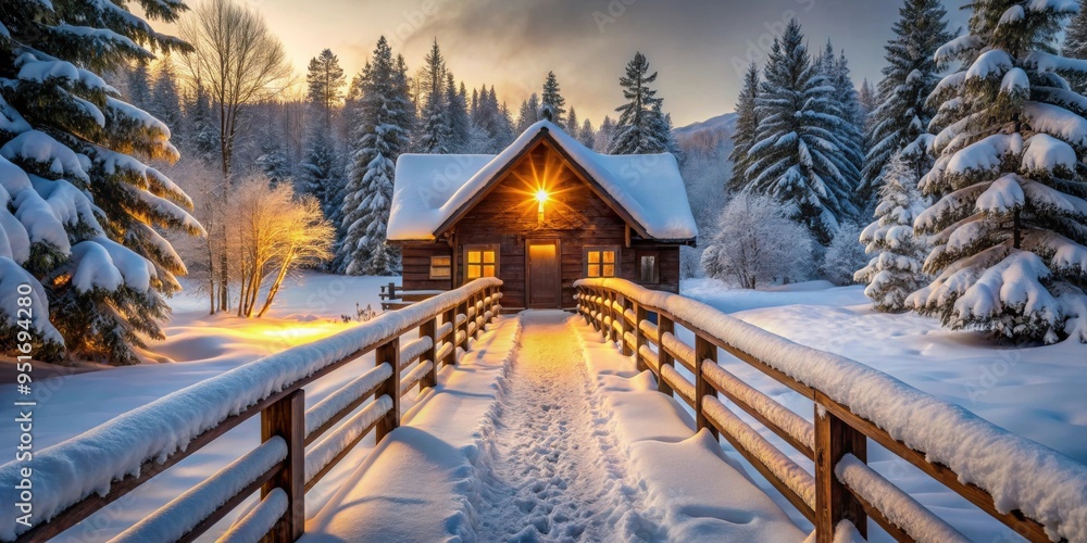 Snow covered bridge leading to warmly lit cabin in winter, snow, covered, bridge, warmly lit, cabin, winter, cozy Snow covered bridge leading to warmly lit cabin in winter, snow, covered, bridge, warmly lit, cabin, winter, cozy