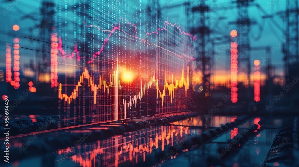 Digital financial chart overlaid on a cityscape during sunset Digital financial chart overlaid on a cityscape during sunset