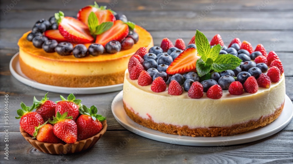 Berry-topped cake and cheesecake with colorful fruit garnish, dessert, cake, cheesecake, berries, strawberries Berry-topped cake and cheesecake with colorful fruit garnish, dessert, cake, cheesecake, berries, strawberries