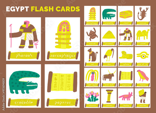 Learn ancient Egypt objects flashcard. Learning English words for kids. Cute hand drawn doodle educational card with pharaoh sarcophagus mummy tomb, toad. Preschool desert learning material