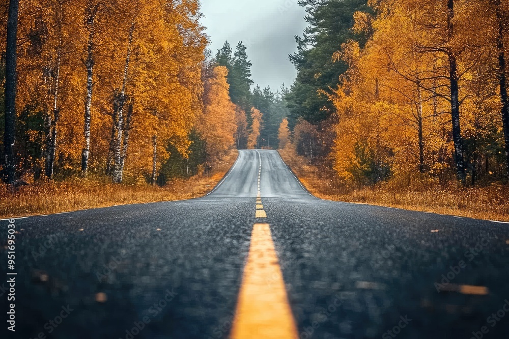 Fototapeta premium Empty asphalt road passing through forest with colorful autumn foliage