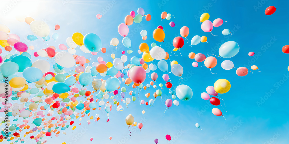 Colorful balloons floating in a vibrant blue sky during a sunny day, creating a joyful atmosphere of celebration and wonder, birthday background Colorful balloons floating in a vibrant blue sky during a sunny day, creating a joyful atmosphere of celebration and wonder, birthday background