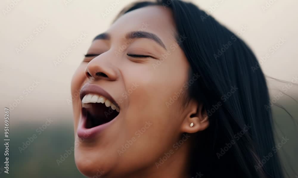 Tight Framing Shot of Indonesian Woman Yawning in Relaxed Setting Tight Framing Shot of Indonesian Woman Yawning in Relaxed Setting