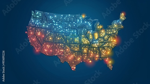 Colorful illuminated map of the United States showcasing city lights photo