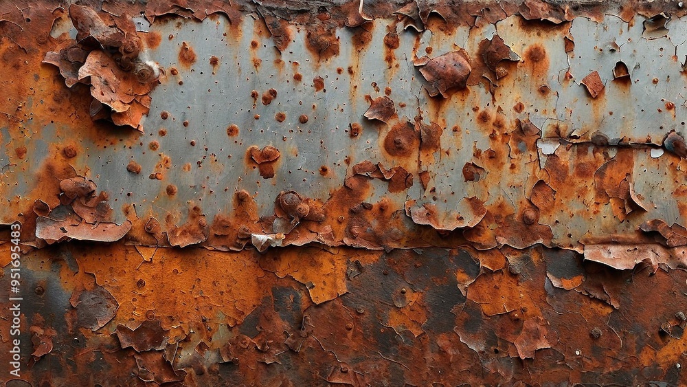 Close-up of rusty metal surface with peeling paint, showing signs of wear and tear, and time. Close-up of rusty metal surface with peeling paint, showing signs of wear and tear, and time.