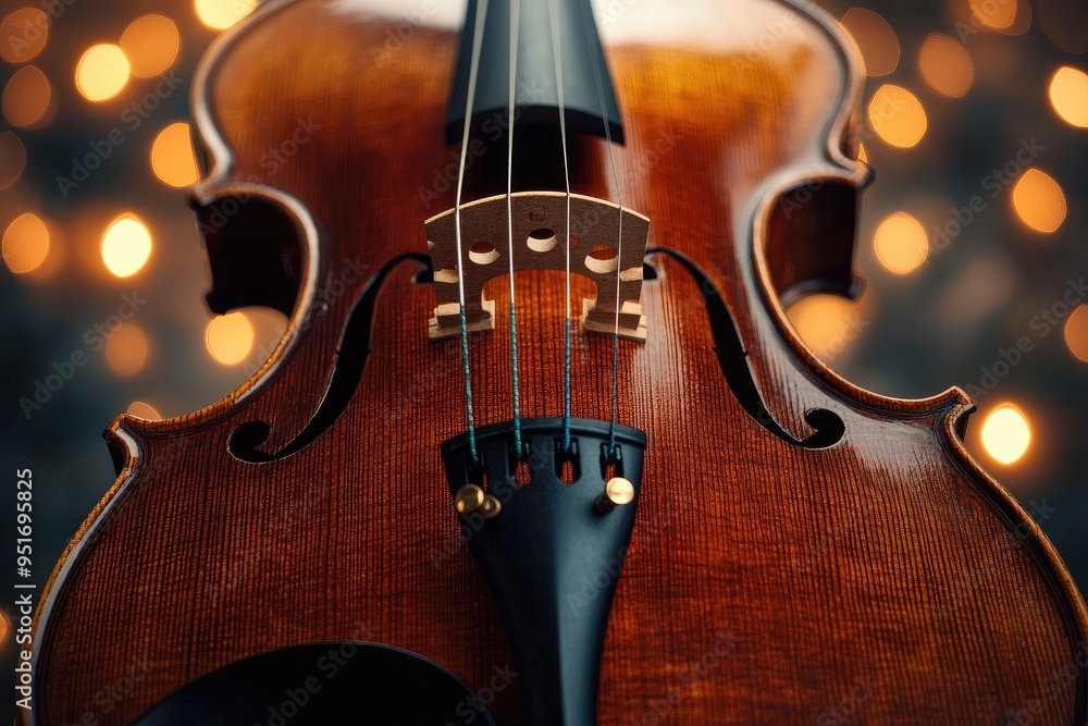 Fototapeta premium Closeup shot of a violin resting on a table with christmas lights in the background