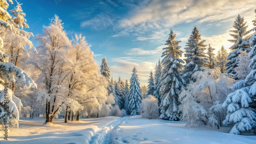 Obraz premium Winter forest covered in a blanket of fresh snow on a chilly morning, winter, forest, snow, morning, cold, trees, peaceful
