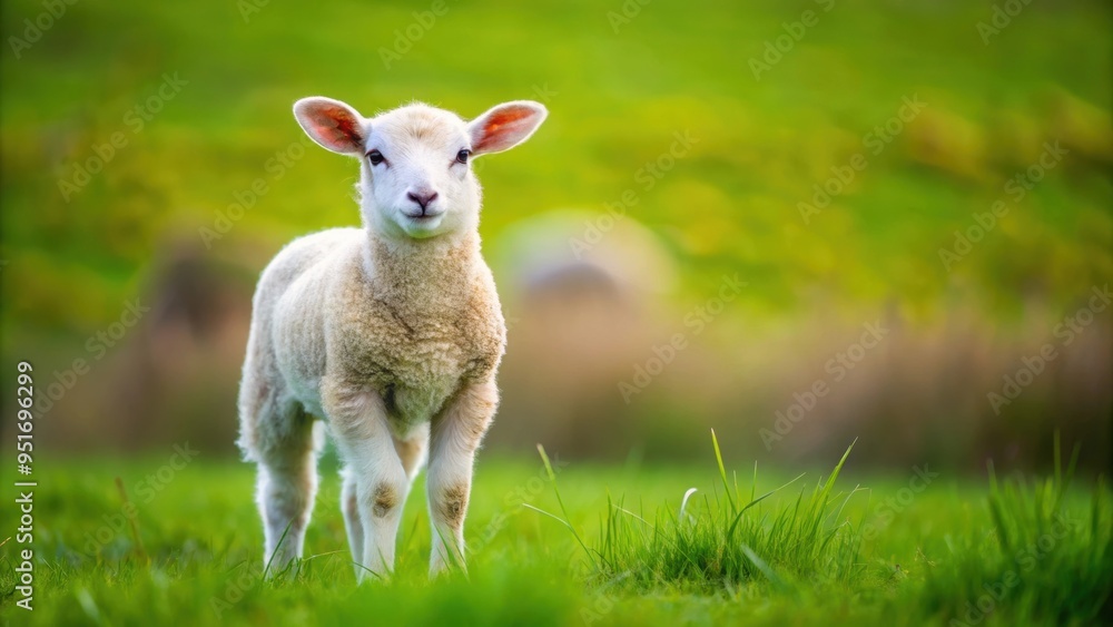 Mild and fluffy lamb standing in a green meadow , gentle, innocent, cute, livestock, woolly, farm animal, domesticated Mild and fluffy lamb standing in a green meadow , gentle, innocent, cute, livestock, woolly, farm animal, domesticated