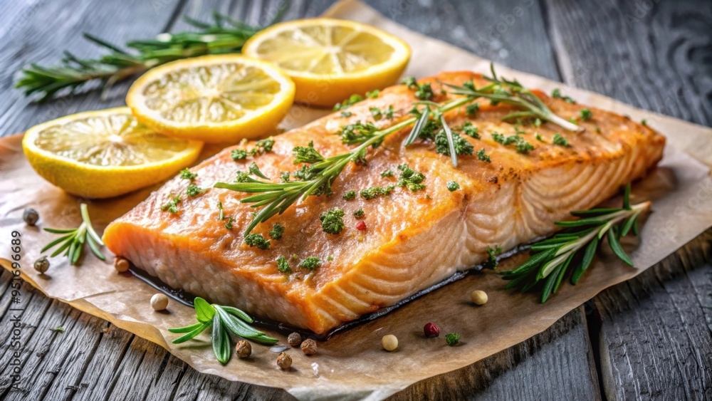 Baked and roasted salmon filet garnished with herbs and lemon , Healthy, high-protein, meal, seafood, fish, baked Baked and roasted salmon filet garnished with herbs and lemon , Healthy, high-protein, meal, seafood, fish, baked