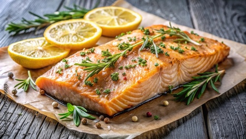 Baked and roasted salmon filet garnished with herbs and lemon , Healthy, high-protein, meal, seafood, fish, baked