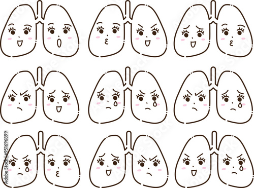 擬人化したいろんな表情の肺のイラストセット