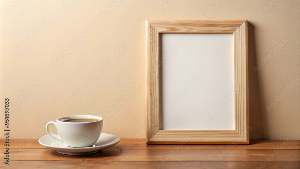 Blank wooden frame with coffee cup on beige background, wooden frame, coffee cup, beige, background, minimalistic, rustic Blank wooden frame with coffee cup on beige background, wooden frame, coffee cup, beige, background, minimalistic, rustic