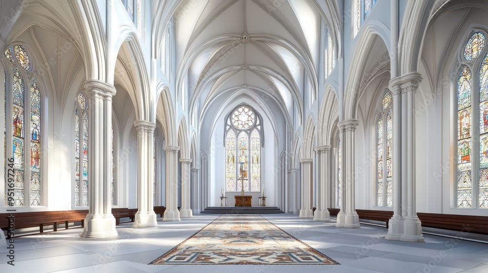 Obraz premium A serene interior of a cathedral featuring tall arches, stained glass, and an altar.