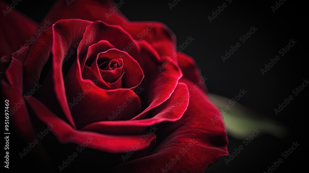 A deep crimson rose, with velvety petals, is highlighted against a black background, representing passion and desire. A deep crimson rose, with velvety petals, is highlighted against a black background, representing passion and desire.