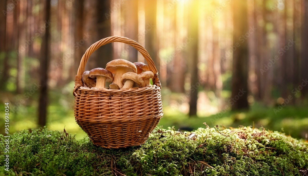 Mushrooms in the woven basket in forest Mushrooms in the woven basket in forest