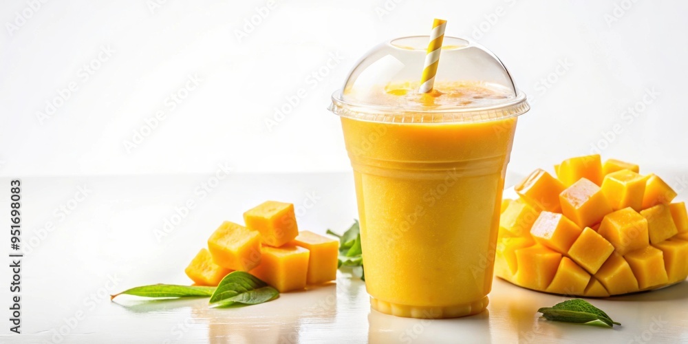 Mango smoothie in a plastic cup with straw and garnished with mango cubes isolated on background clipart, Mango Mango smoothie in a plastic cup with straw and garnished with mango cubes isolated on background clipart, Mango