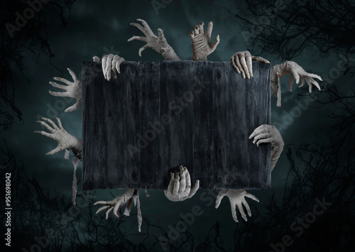 Mummy's hands wrapped in a bandage rises through the wooden boards. Background with copy space. The hand of the risen dead mummy monster for Halloween horror concept.